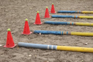 Boş bir binicilik merkezinde kumda engeller ve şamandıralar