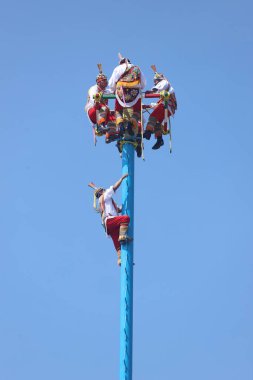 El Tajin, İspanyol öncesi şehir, Meksiko - Şubat 02, 2024. Voladores de Papantla Flyers, 2 Şubat 2024 'te El Tajin Veracruz Meksika' da Tanrılar için antik totonaca ayini gerçekleştiriyor.