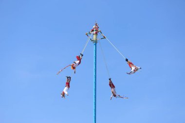 El Tajin, İspanyol öncesi şehir, Meksiko - Şubat 02, 2024. Voladores de Papantla Flyers, 2 Şubat 2024 'te El Tajin Veracruz Meksika' da Tanrılar için antik totonaca ayini gerçekleştiriyor.