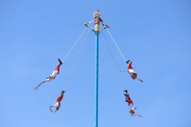 El Tajin, İspanyol öncesi şehir, Meksiko - Şubat 02, 2024. Voladores de Papantla Flyers, 2 Şubat 2024 'te El Tajin Veracruz Meksika' da Tanrılar için antik totonaca ayini gerçekleştiriyor.