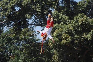 El Tajin, İspanyol öncesi şehir, Meksiko - Şubat 02, 2024. Voladores de Papantla Flyers, 2 Şubat 2024 'te El Tajin Veracruz Meksika' da Tanrılar için antik totonaca ayini gerçekleştiriyor.