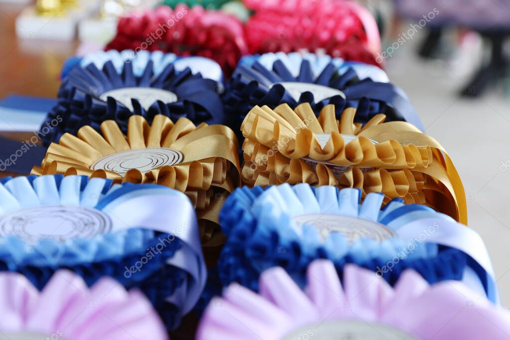 Group of beautiful colorful trophies and ribbons for the winners and participants at open air equestrian racehorse event