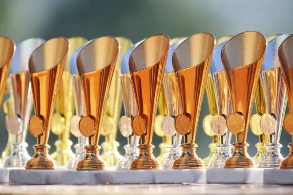 stock image Award trophies waiting for competitors after amateur equestrian championship in row. Golden silver and bronze prizes for winners at an outdoors sport event. Colorful sport trophy background