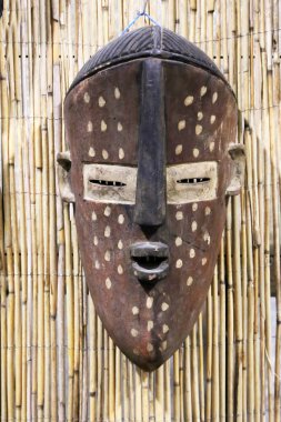 Tahtadan oyulmuş maske. Afrika kabile maskesi ve maske özelliği. Doğal arkaplanda kabul töreni için kabile maskesi.