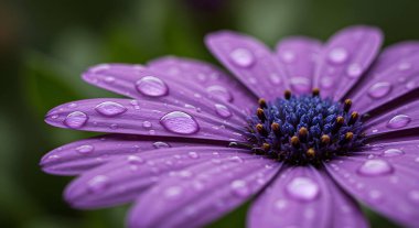 Taze çiğ damlalarıyla süslenmiş canlı mor papatya benzeri iki çiçeğin yakın çekimi. Karmaşık taç yaprağı detaylarını gözler önüne seriyor ve yemyeşil bir arka plana karşı çarpıcı mavi merkezler.