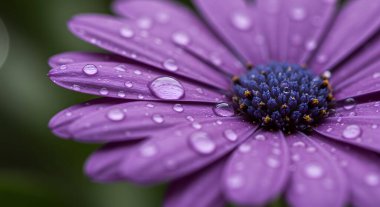 Taze çiğ damlalarıyla süslenmiş canlı mor papatya benzeri iki çiçeğin yakın çekimi. Karmaşık taç yaprağı detaylarını gözler önüne seriyor ve yemyeşil bir arka plana karşı çarpıcı mavi merkezler.