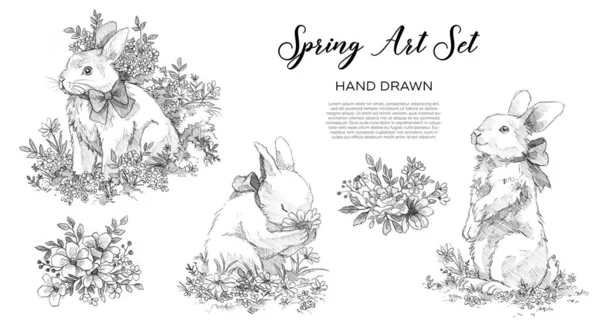Piękny Wiosenny Zestaw Sztuki Króliczkiem Wielkanocnym Łukiem Kwiatami Ręcznie Narysowana — Zdjęcie stockowe