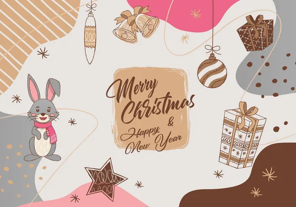 Boldog Karácsonyt Boldog Évet Kártya Aranyos Nyuszival Vektorillusztráció — Stock Vector