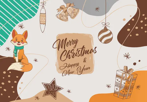 Boldog Karácsonyi Üdvözlőlapot Aranyos Rókával Vektorillusztráció — Stock Vector