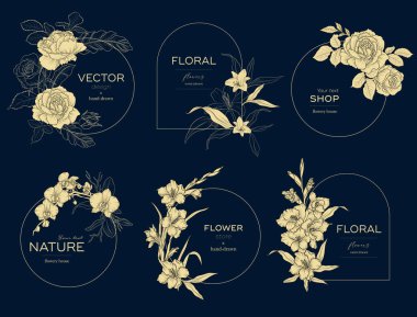 Set of vintage elegant floral logo for beauty, natural and organic products, cosmetics, spa and wellness, fashion. Vector illustrations Boho hand drawn line for graphic and web design, marketing mater