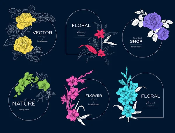 Set Vintage Elegant Floral Logo Beauty Natural Organic Products Cosmetics — Stock Vector