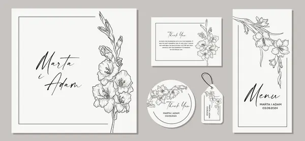 Set Wedding Invitation Cards Flowers Gladiolus Floral Elements Vector Illustration — Stock Vector