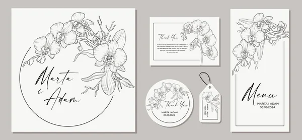 Esküvői Meghívó Kártyák Virágokkal Orchideával Virágos Elemekkel Vektorillusztráció — Stock Vector