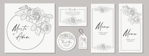 Set Wedding Invitation Card Template Hand Drawn Roses Vector Illustration — Stock Vector