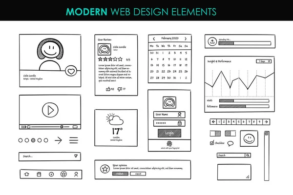 Állítsa Modern Design Elemek Oldal Sablont Website Design Kézzel Húzott — Stock Vector