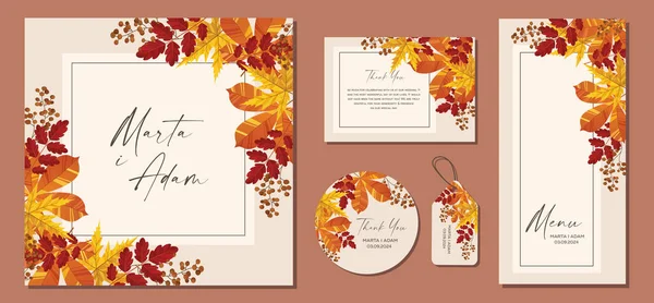 Wedding Invitation Menu Card Leaves Design Autumn Foliage Collection Oak — Stock Vector