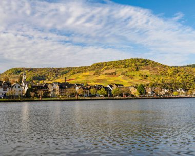 Ellenz-Poltersdorf köyü ve Moselle nehri, Almanya 'daki renkli üzüm bağları