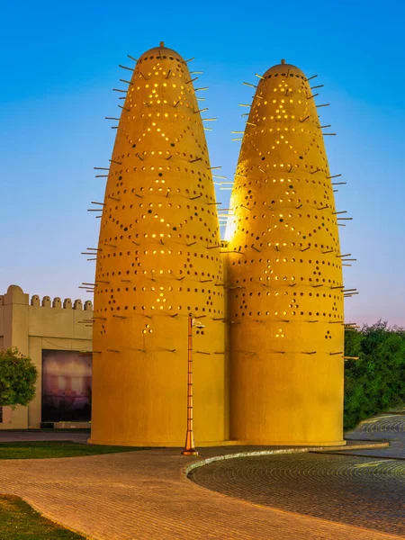 stock image Pigeon tower lit up after sunset in katara village, Doha, Qatar