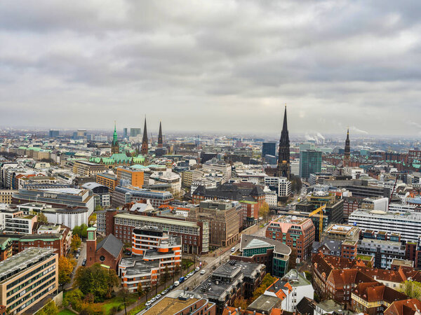 Aerial shot of Hamburg city south during a cloudy day, Germany