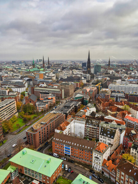 Aerial shot of Hamburg city centre during a cloudy day, Germany