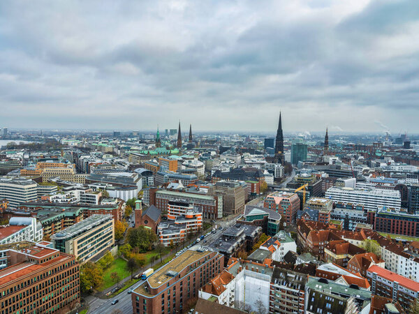 Aerial shot of Hamburg city downtown during a cloudy day, Germany