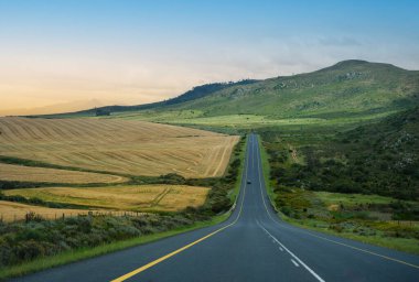 Manzaralı, dolambaçlı bir kır yolu. Bereketli vadi buğday tarlalarından ve Overberg bölgesindeki yeşil tepelerden geçiyor. Batı Burnu, Güney Afrika..