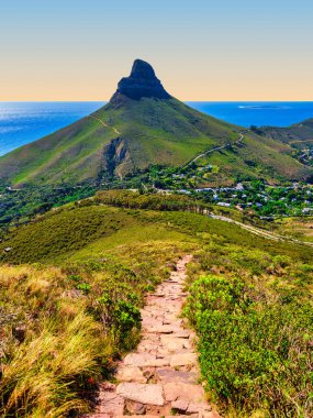 Gün batımında Lion 's Head Dağı' na doğru yürüyüş, taş ve yeşil fynbos ile kaplı, canlı gökyüzü ile manzaralı bir bahar akşamı. Cape Town, Güney Afrika
