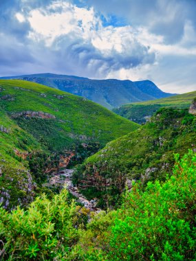 Vertical shot of Langeberg Mountains with lush vegetation and Tradouw River running through the gorge, Suurbraak, Overberg, Western Cape, South Africa clipart