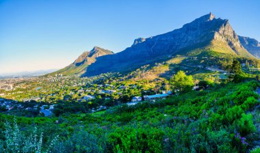 Günbatımında Signal Hill yamaçlarından, Cape Town, Güney Afrika 'daki Masa Dağı' nın panorama çekimi.