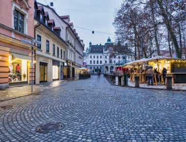 Slovenya 'nın Ljubljana kentindeki kaldırım taşı sokak pazarı ve binalar alacakaranlıkta yandı