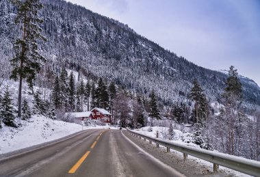 Norveç 'in Geilo köyündeki yol kenarındaki Kızıl Norveç ahşap evleri.