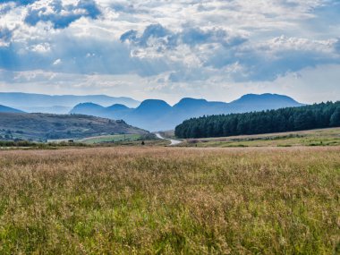 Otlaklar, kayan tepeler ve dağlık vadiler Panorama rotasında dramatik bir gökyüzü, Mpumalanga, Güney Afrika