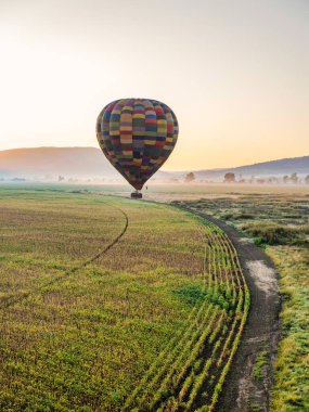 Sıcak hava balonu Magaliesburg, Gauteng, Güney Afrika 'da gündoğumunda bir ekin tarlası üzerinde uçuyor.