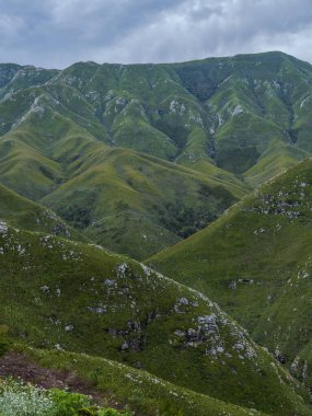 Outeniqua dağlarının Outeniqua geçidinden bulutlu bir yaz gününde portre çekimi