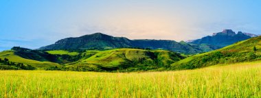 Drakensberg Dağı 'nın Cathkin Tepesi' nin panorama çekimi, kayan tepeleri ve yemyeşil vadileri gösteriyor, KwaZulu-Natal, Güney Afrika