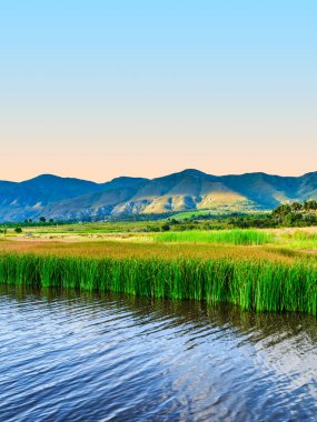 Günbatımında Klein Nehri 'nde, yemyeşil bitki örtüsü ve Kleinrivier Dağları' nda, Stanford, Western Cape, Güney Afrika