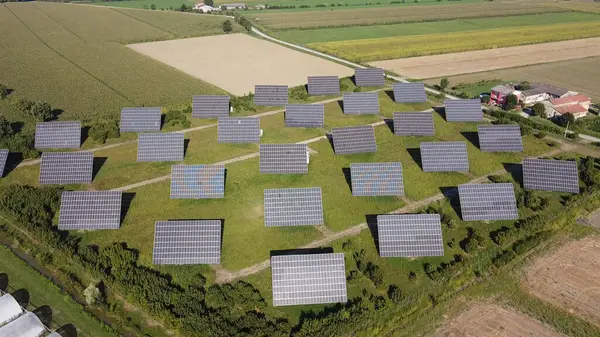 Solar energy farm drone view photo aerial. High quality photo