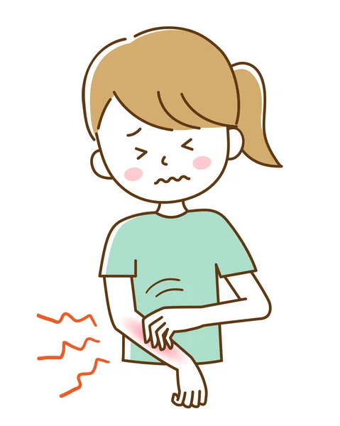 Jovem Mulher Arranhando Vermelhidão Erupção Mão Coceira Pele Seca Eczema —  Vetores de Stock