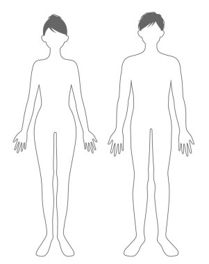 Genç yetişkin erkek ve kadın tüm vücut hatları beyaz ve siyah çizimler. Güzellik ve sağlık hizmetleri kavramı