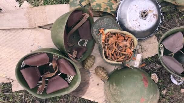Ukrainian Russian War Things Left Russian Soldiers Ukrainian Soil Helmets — Stok Video