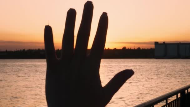 Het Meisje Vangt Het Zonlicht Met Haar Handen Bij Zonsondergang — Stockvideo