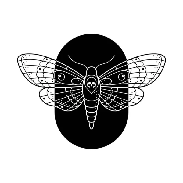 アーチ型のフレームに黒と白の死の頭の鷹の蛾のスタイル 手描きの線画がベクトルイラストを並べました 入れ墨やMakhenda 本のカバー Tシャツの印刷 ポスターやカードのための自然なデザイン — ストックベクタ