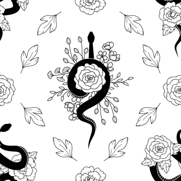 Monochrome Seamless Pattern Various Snakes Flowers Leaves Botanical Background Roses — Stock Vector