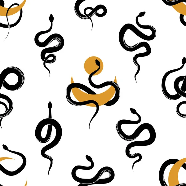 Modèle Sans Couture Avec Divers Serpents Lune Céleste Dorée Serpents — Image vectorielle
