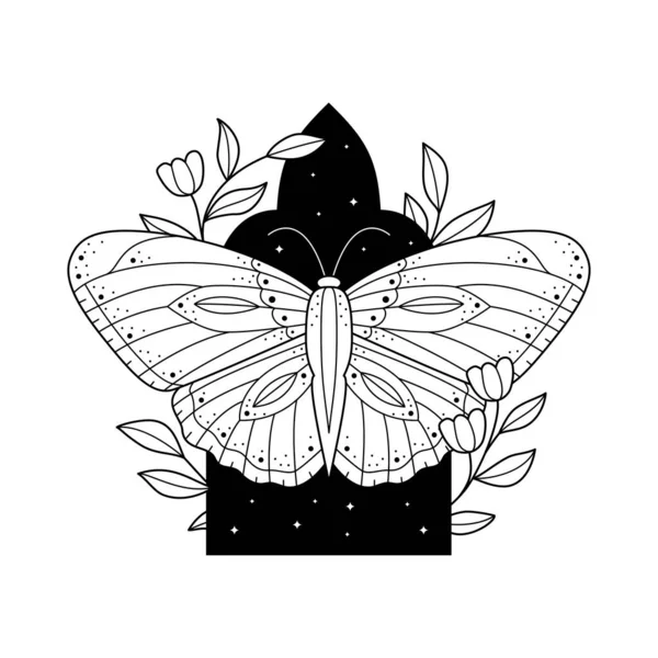 線のアーチ 蛾や花と天体の印刷 花や葉付きの神秘的な虫のプリントTシャツ ノートブックカバー カード ブランドパッケージ ベクターモノクロ蝶イラスト — ストックベクタ