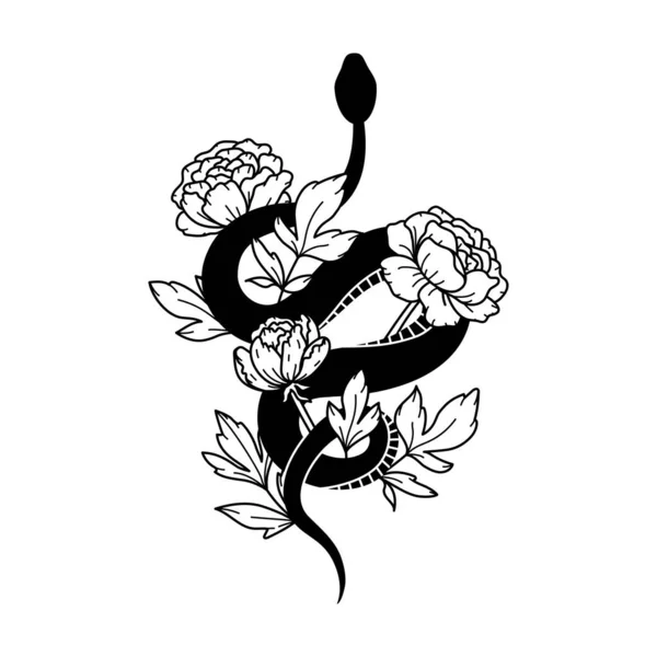 Bloemenslang Zwarte Slang Met Pioenachtige Bloemen Bladeren Mystieke Dierlijke Tatoeage — Stockvector