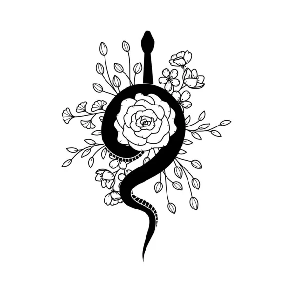 葉を持つ黒い蛇 神秘的な動物の入れ墨や印刷 魔女神秘的なグラフィック要素 精神的なベクトル図 ハロウィン スネーク ラインアートの花 — ストックベクタ
