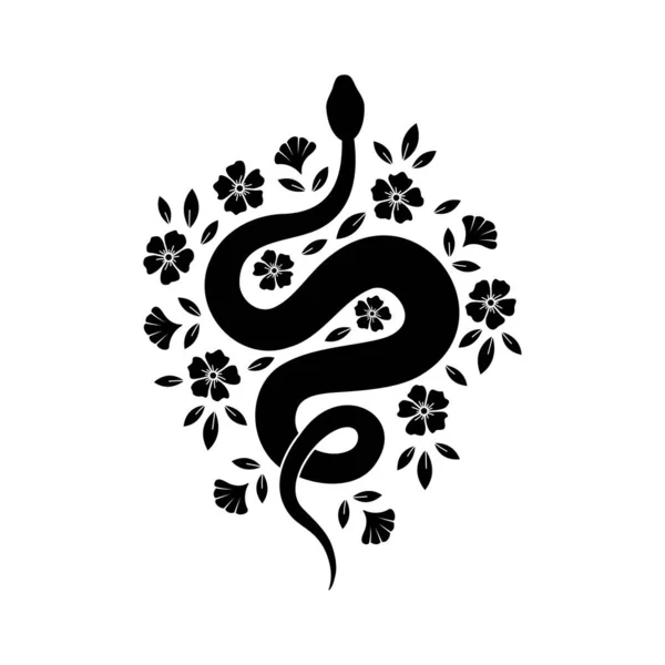 Silhouette Abstraite Serpent Qui Tortille Champ Fleurs Feuilles Tatouage Noir — Image vectorielle