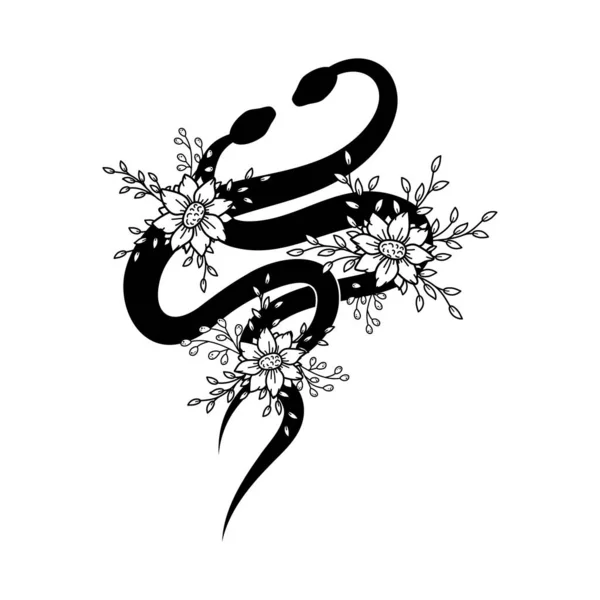 花が絡み合うヘビ 花と黒い蛇 手を描いた神秘的な動物 花蛇の入れ墨 魔女神秘的なグラフィック要素 精神的なベクトルのイラストをかわす ハロウィンヘビ — ストックベクタ