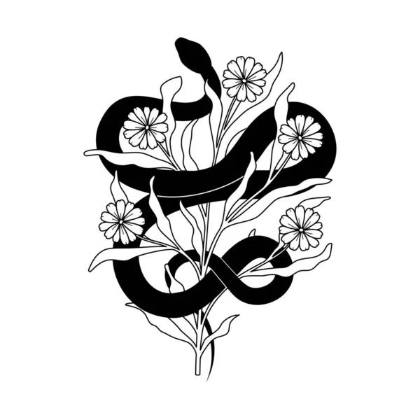 手描き黒ゴボゴボというヘビとデイジーフラワーマジックプリント タトゥーヴィンテージファッションベクトル野生動物爬虫類 植物の要素と神秘的な野生動物のドアのイラスト — ストックベクタ